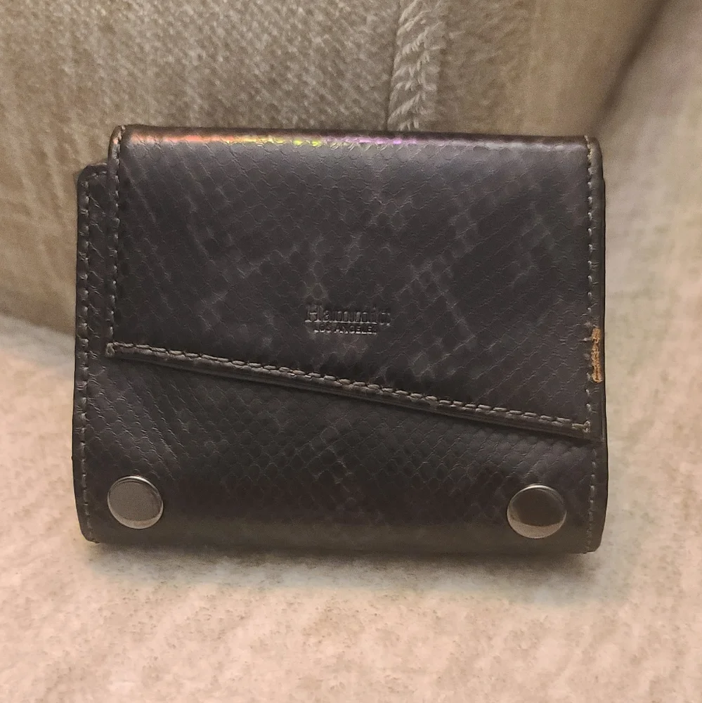 Hammitt Black Leather Trifold Wallet with Silver Hardware